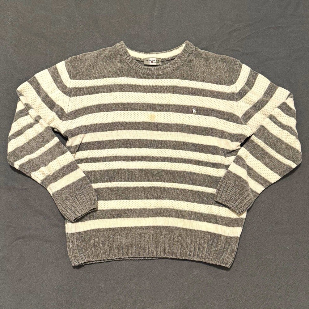 Macbeth Jeans Company Womens Gray White Striped Knit Crew Neck Sweater M